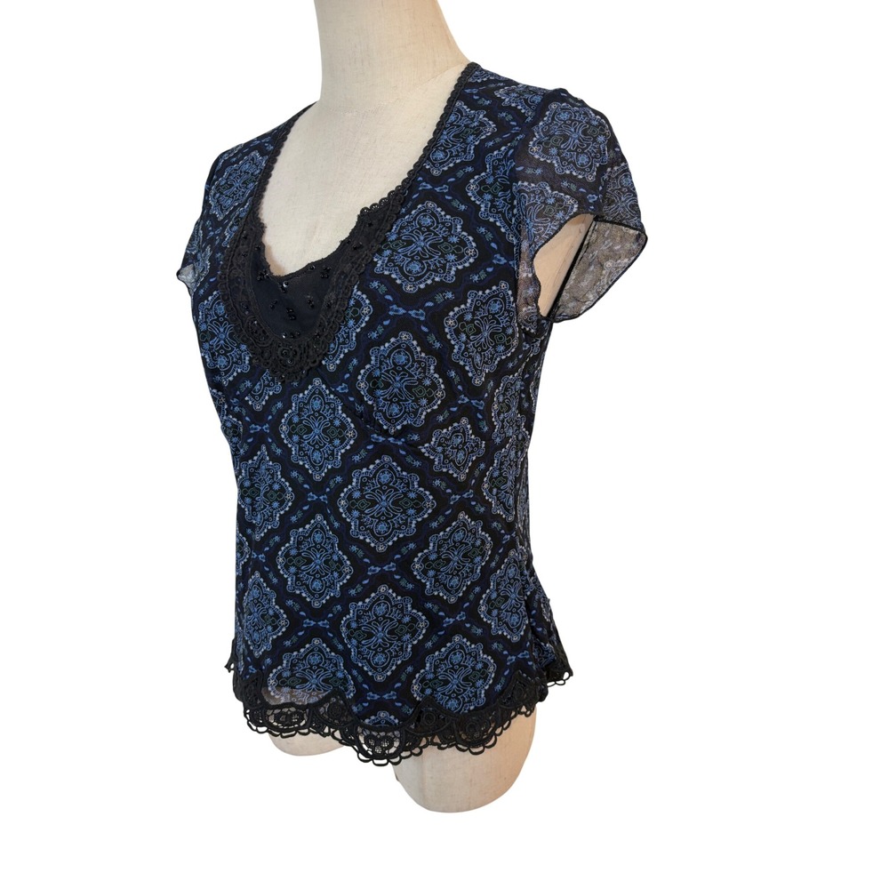Mesh top black blue crochet lace beaded Sz M boho grunge whimsigoth Y2K Romantic - Picture 3 of 7